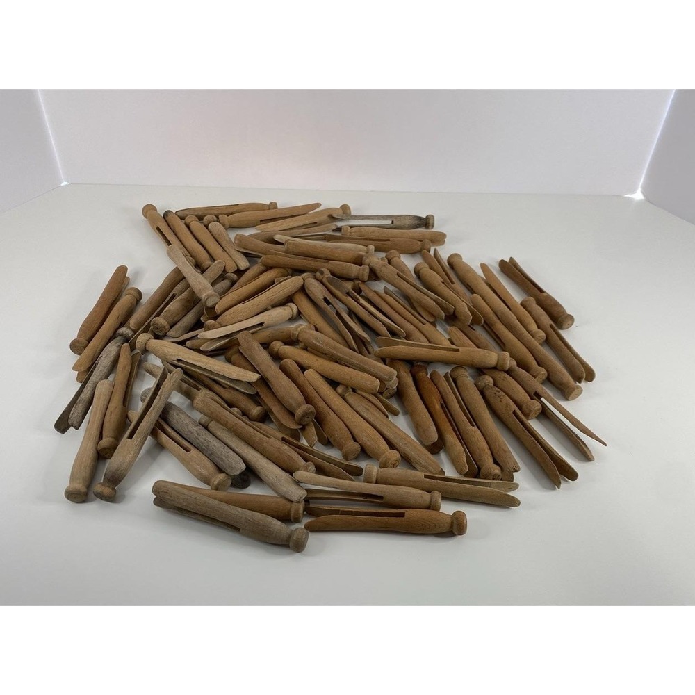 Vtg Clothes Pins Wood Lot of 85 Old Round Head Push On Style 4" Rustic